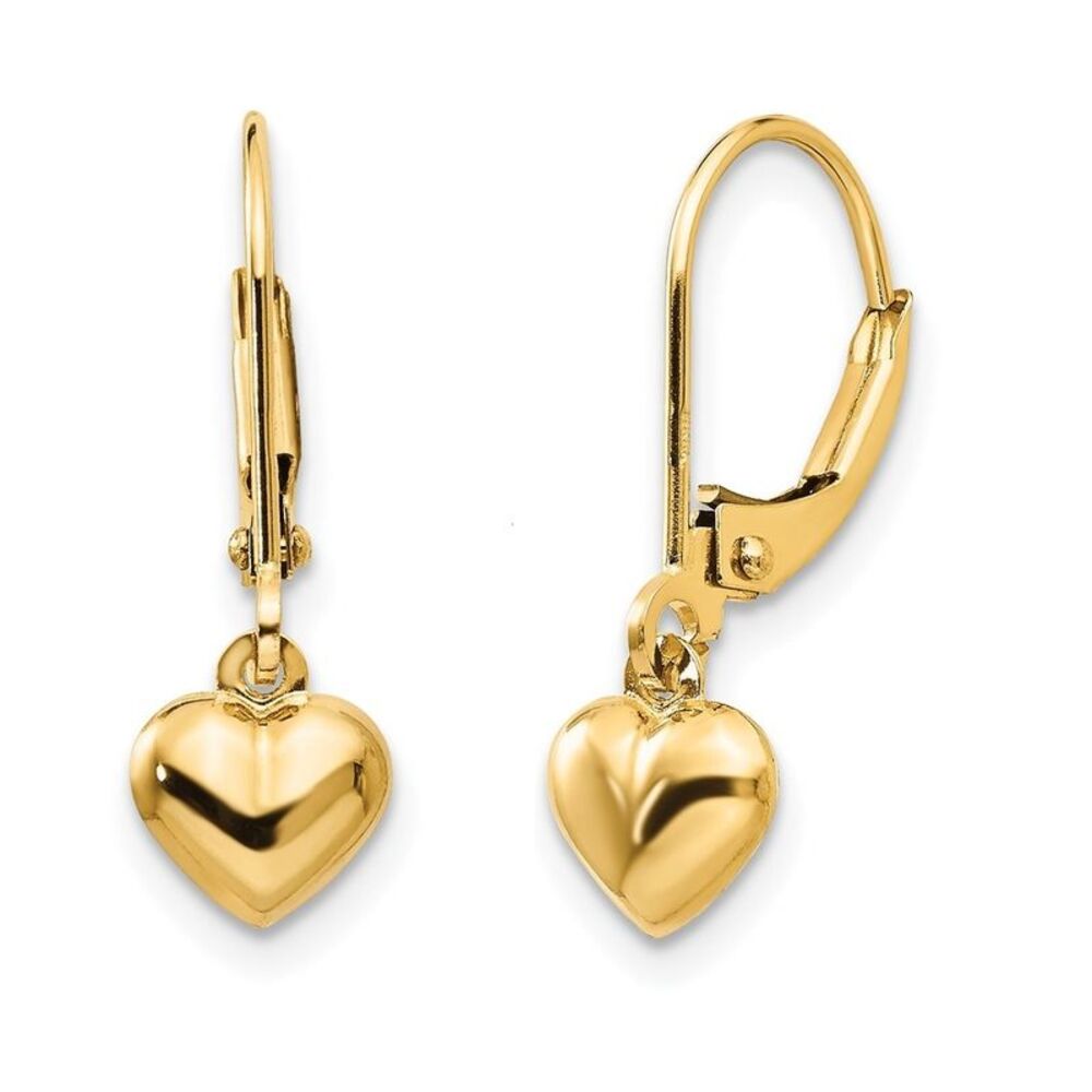 14K Yellow Gold Polished Puffed Heart Leverback Dangle Earrings for Women